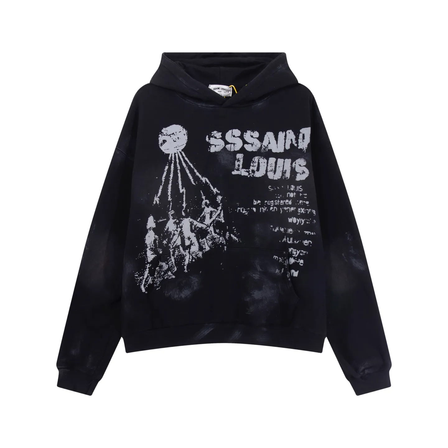 Style No. S225 P300💰 (450g version) SSSAINT LOUIS hooded pullover sweatshirt is made of 450g heavy-weight pure cotton fabric, which is integrated with tedious processes such as manual hand-painting + fraying + washing and spraying. It is not easy to deform and does not shrink. The version is loose and suitable for men and women. Size: S-XL